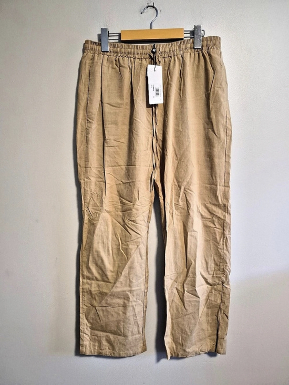 NEW Molly Bracken Medium Tan Linen Blend Straight Leg Pants W Drawstring Waist
